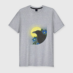 Мужская slim-футболка Чёрный ворон на ветке под луной