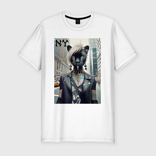 Мужская slim-футболка Молодая пантера - модница из Нью-Йорка / Белый – фото 1