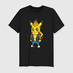 Футболка slim-fit Пикачу панк с ирокезом и в косухе, цвет: черный