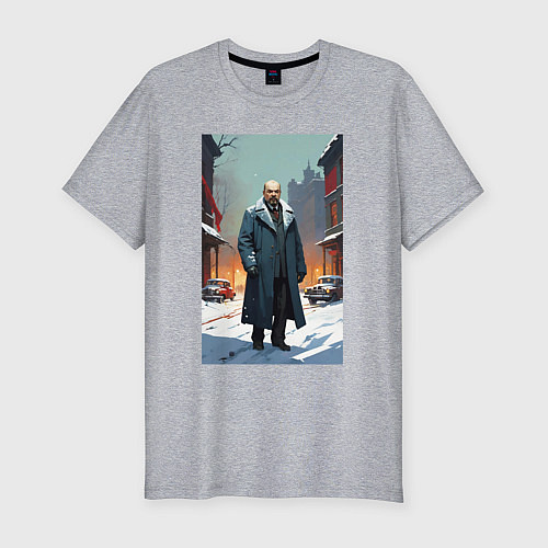 Мужская slim-футболка Ленин зимой без охраны - нейросеть / Меланж – фото 1