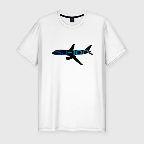 Мужская slim-футболка Черный облик Superjet-100 с цветным названием / Белый – фото 1