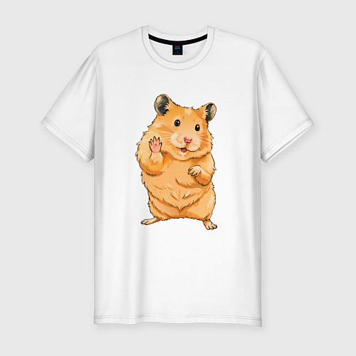 Мужская slim-футболка Милый хомяк машет лапкой / Белый – фото 1