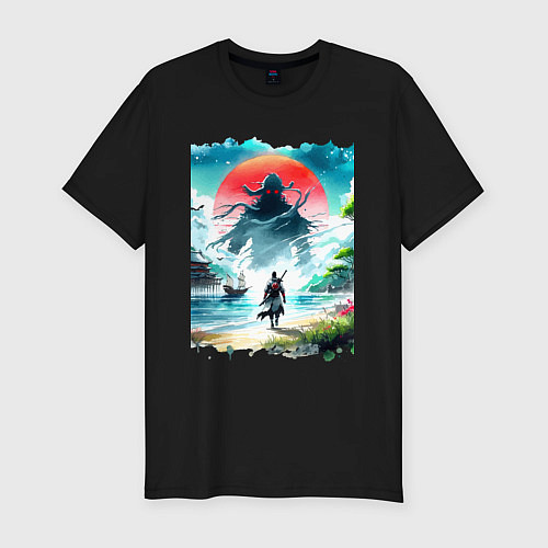 Мужская slim-футболка Призрак Цусимы - самурай на берегу озера / Черный – фото 1