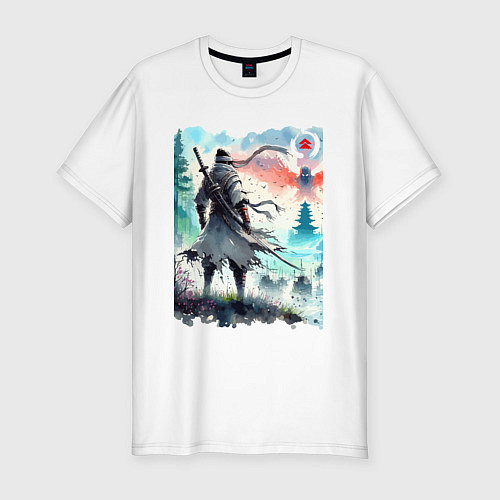 Мужская slim-футболка Warrior samurai - ai art watercolor / Белый – фото 1