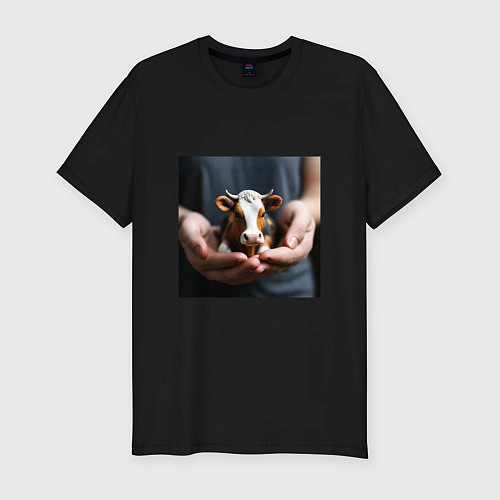 Мужская slim-футболка Красивая мини корова в руках / Черный – фото 1