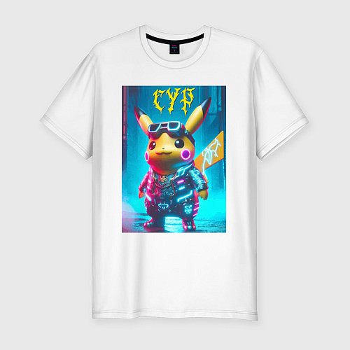 Мужская slim-футболка Cyber Pikachu - ai art fantasy / Белый – фото 1
