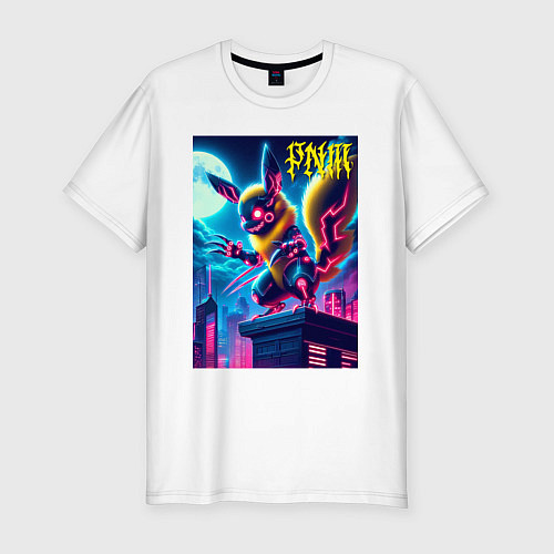 Мужская slim-футболка Ужасный Пикачу на крыше небоскрёба - хэллоуин / Белый – фото 1
