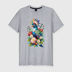 Футболка slim-fit Красивая птица турако среди цветов, цвет: меланж
