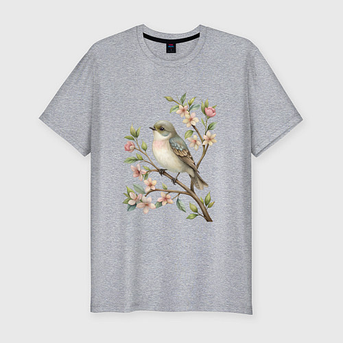 Мужская slim-футболка Маленькая птичка на ветке с цветами / Меланж – фото 1