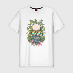 Футболка slim-fit Бородатый череп хипстер в цветах, цвет: белый