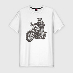 Футболка slim-fit Енот байкер на мотоцикле чоппере, цвет: белый