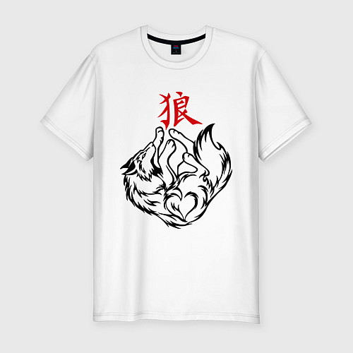 Мужская slim-футболка Волк с иероглифом / Белый – фото 1
