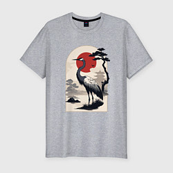Футболка slim-fit Журавль и солнце в японском стиле, цвет: меланж