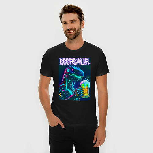 Мужская slim-футболка Neon cyber beersaur - neon glow fantasy / Черный – фото 3