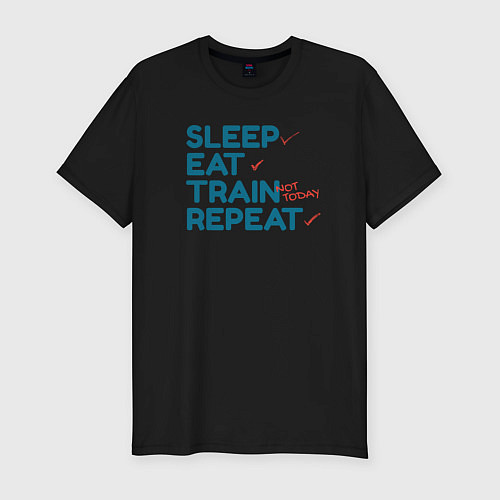 Мужская slim-футболка Eat sleep train repeat - blue and red / Черный – фото 1