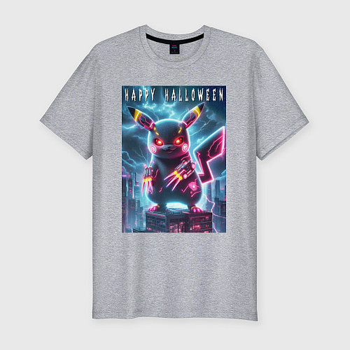 Мужская slim-футболка Pikachu with a cyber claws - halloween / Меланж – фото 1