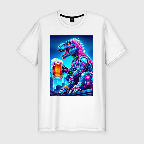 Мужская slim-футболка Cyber tyrannosaur with a mug of beer - ai art fant / Белый – фото 1