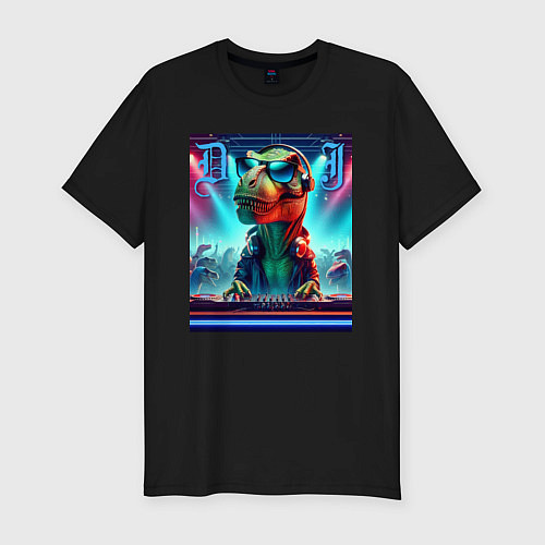 Мужская slim-футболка Cool tyrannosaur DJ - ai art / Черный – фото 1