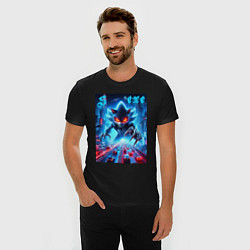 Футболка slim-fit Hedgehog in neon metropolis - ai art, цвет: черный — фото 2