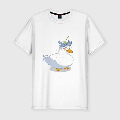 Мужская slim-футболка Милая уточка гусь с цветочком на голове / Белый – фото 1