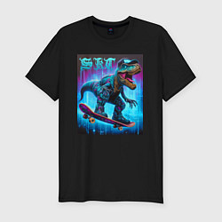 Футболка slim-fit Dude tyrannosaur on a skateboard - ai art, цвет: черный