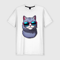 Футболка slim-fit Модный летний кот в солнечных очках, цвет: белый