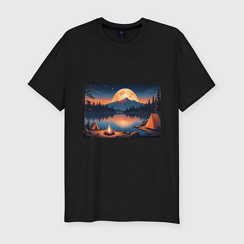 Мужская slim-футболка Костер на берегу озера / Черный – фото 1