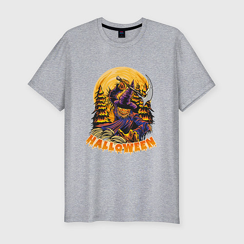 Мужская slim-футболка Хэллоуин пугало с косой / Меланж – фото 1