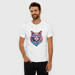 Футболка slim-fit Ретро кот в розовых солнечных очках Vaporwave, цвет: белый — фото 2