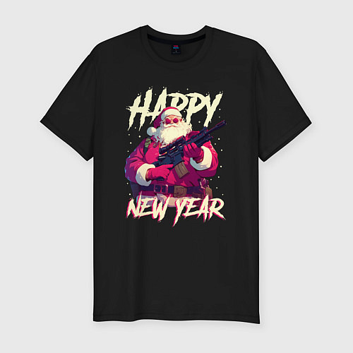 Мужская slim-футболка Happy New Year Santa Claus with weapon / Черный – фото 1