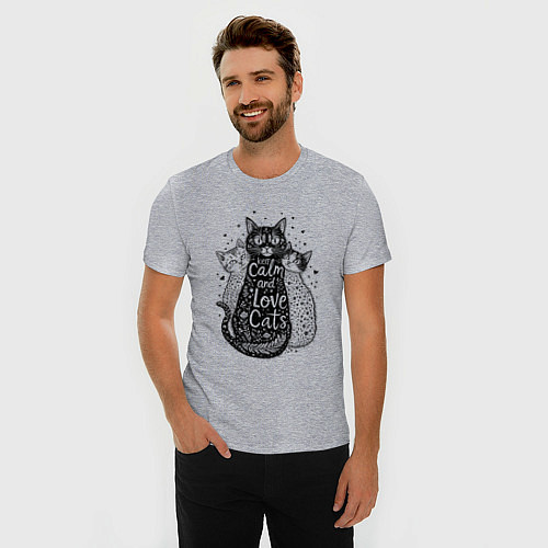 Мужская slim-футболка Keep calm and love cats / Меланж – фото 3