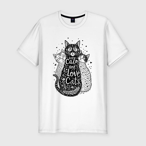 Мужская slim-футболка Keep calm and love cats / Белый – фото 1