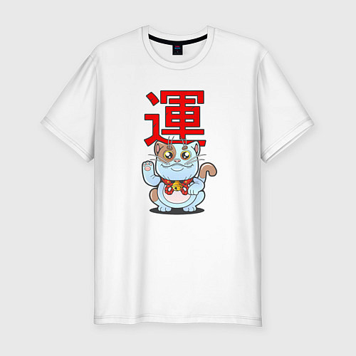 Мужская slim-футболка Кот на удачу / Белый – фото 1