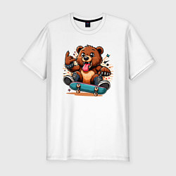 Футболка slim-fit Мишутка крутой скейтбордист - нейроарт, цвет: белый