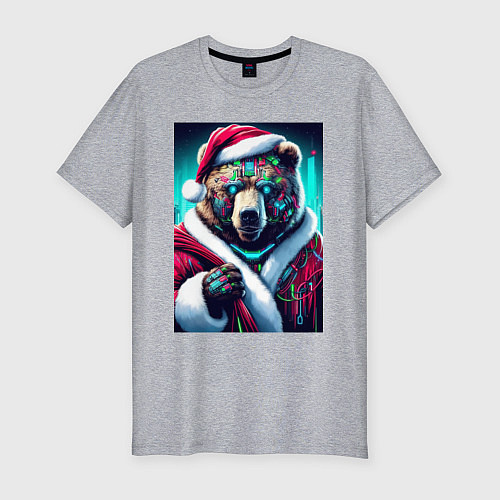Мужская slim-футболка Cyber bear - Santa Claus / Меланж – фото 1