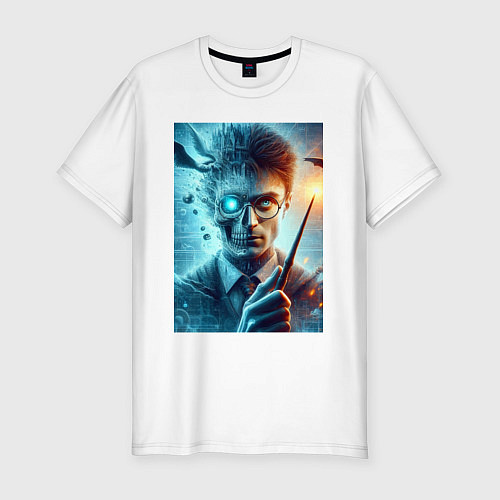 Мужская slim-футболка Harry Potter - wizard with magic stick / Белый – фото 1