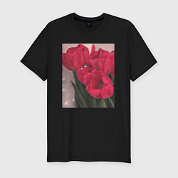 Футболка slim-fit Тюльпаны красные, цвет: черный