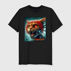 Футболка slim-fit Super cyber red cat - ai art fantasy, цвет: черный