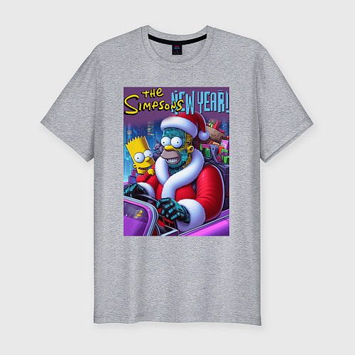 Мужская slim-футболка Кибер Гомер Симпсон с сыном за рулём автомобиля / Меланж – фото 1