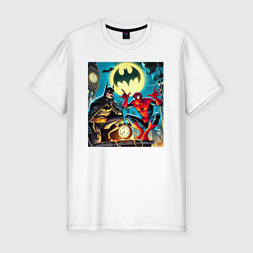 Мужская slim-футболка Batman with Spider-man - ai art fantasy / Белый – фото 1