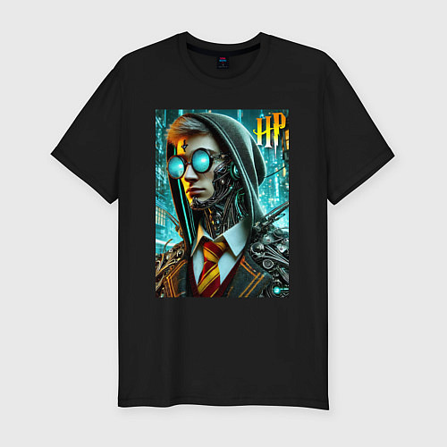 Мужская slim-футболка Cyber Harry Potter - ai art fantasy / Черный – фото 1