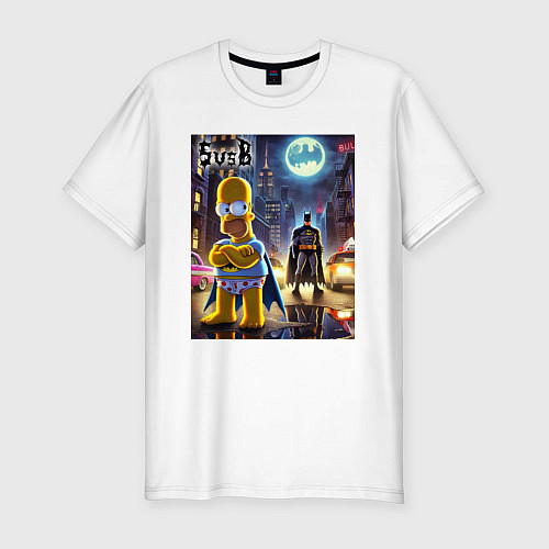 Мужская slim-футболка Homer Simpson vs Batman - ai art joke / Белый – фото 1