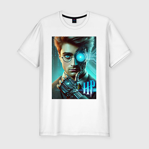 Мужская slim-футболка Cyber Harry Potter - ai art neon fantasy / Белый – фото 1