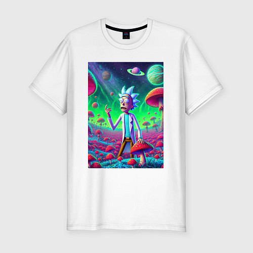 Мужская slim-футболка Рик потерял Морти на грибной планете / Белый – фото 1
