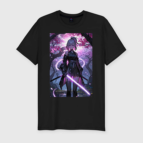 Мужская slim-футболка Девушка с катаной на фоне цветущей сакуры / Черный – фото 1