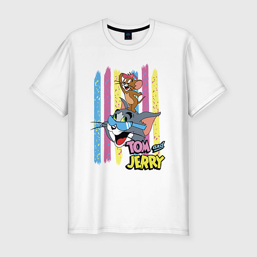 Мужская slim-футболка Том и Джерри - полосы / Белый – фото 1
