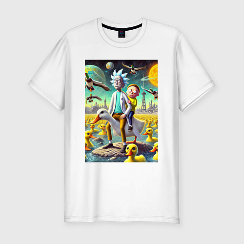 Мужская slim-футболка Рик и Морти сидят на утке на одноимённой планете / Белый – фото 1
