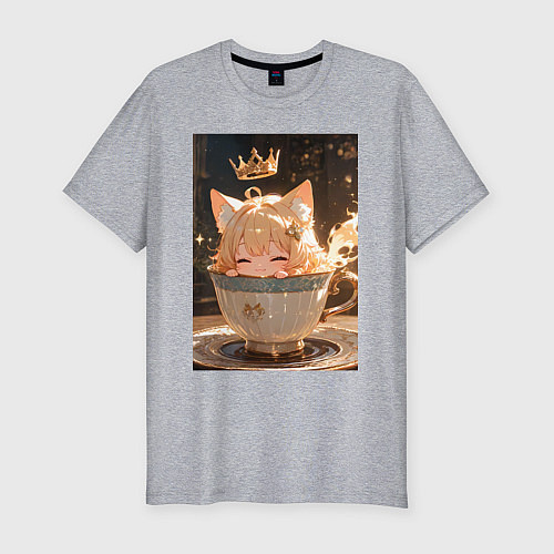 Мужская slim-футболка Кошечка с короной в чашке / Меланж – фото 1