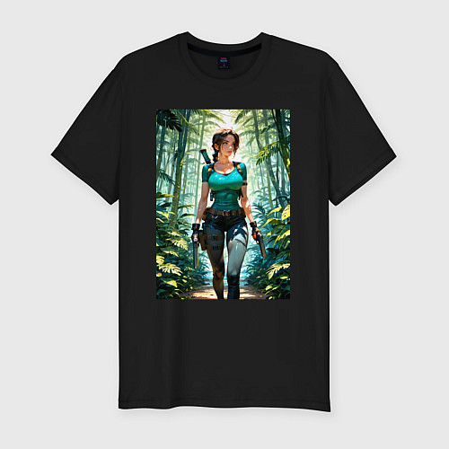 Мужская slim-футболка Лара Крофт в джунглях с пистолетами / Черный – фото 1