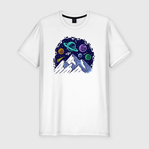 Мужская slim-футболка Космос над горами / Белый – фото 1